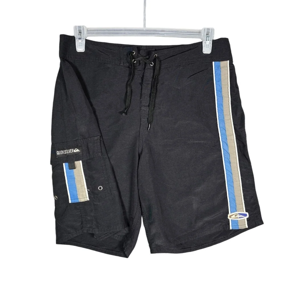 Vintage Y2K Quiksilver Board Shorts Mens 32 Black Blue Stripe Surf Trunks 9
